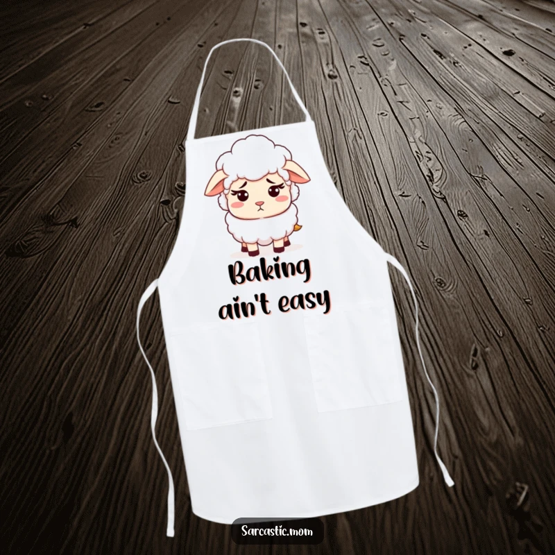 Funny and practical apron featuring a sheep mom with a patient but exasperated expression. Ideal for kitchen tasks with a touch of humor.