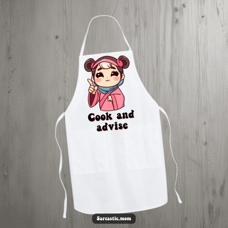 Funny apron with a mother figure offering unsolicited advice with a pointed finger, humorously showcasing maternal guidance in the kitchen.