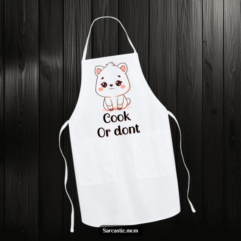 Funny Kawaii mother animal apron, showing a deadpan stare, perfect for kitchen humor and as a fantastic funny gift.