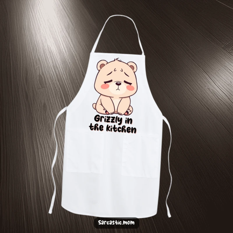 Funny Bear Mom Apron showing a bear mom looking tired but still ready to cook, a symbol of maternal dedication.