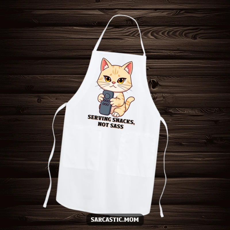 Funny Cat Mom Apron, determined woman holding a remote control, perfect for kitchen use, a humorous gift.