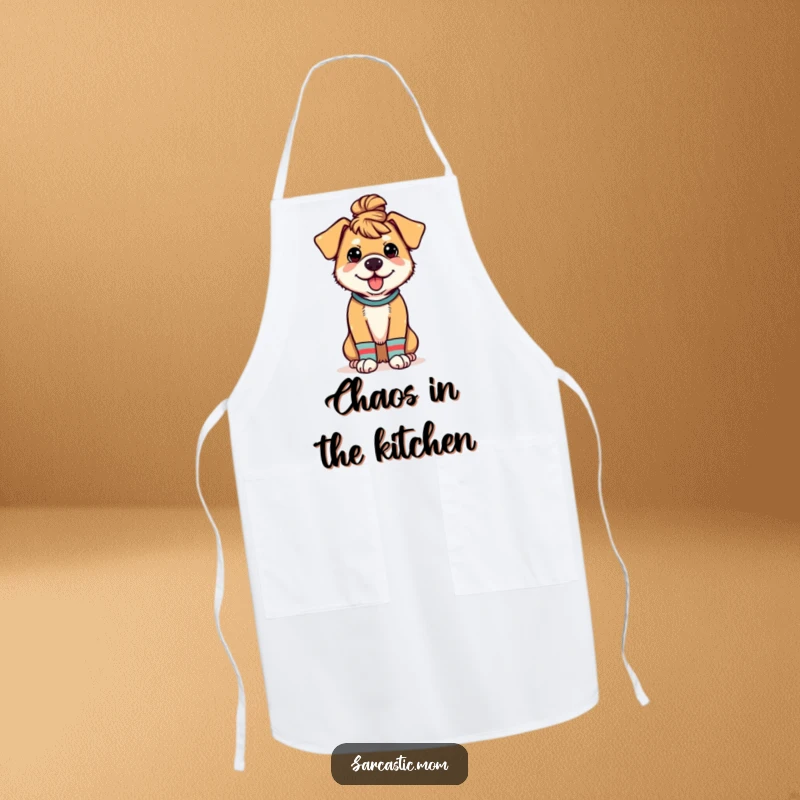 Funny apron depicting a dog mom with a messy bun and mismatched socks, ideal for kitchen tasks and dog mom pride.