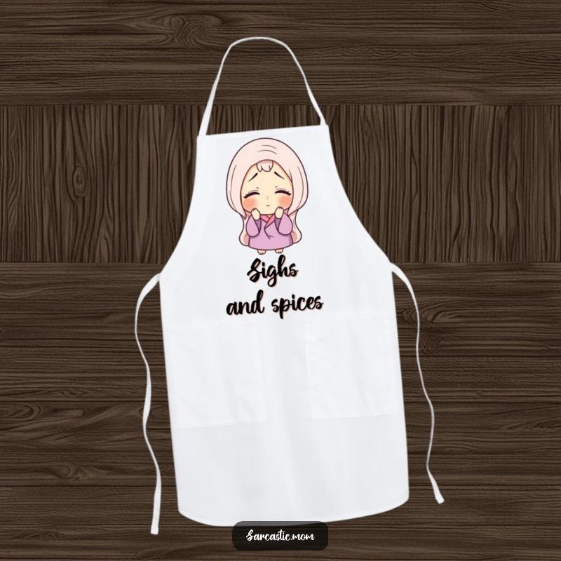 Funny apron with a mother figure sighing and rolling her eyes, humorously showcasing maternal patience and dramatic kitchen moments.
