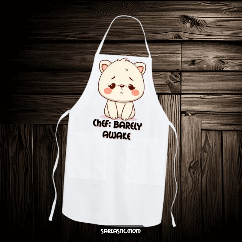 Funny Kawaii Mom animal apron, wearing a knowing, exhausted smile, ideal for the busy mom in the kitchen.