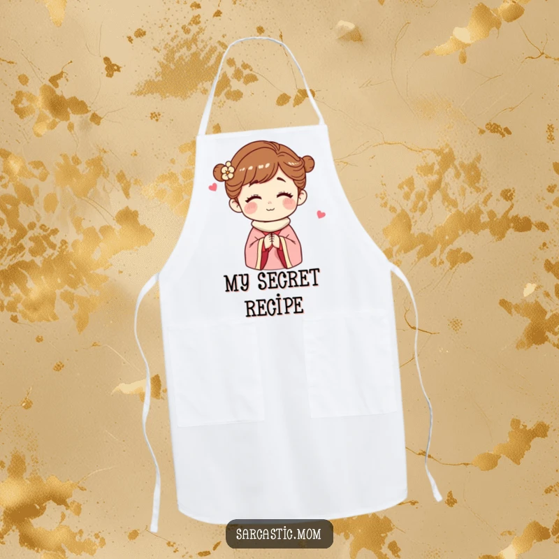 Funny Apron adorned with a winking mother figure, perfect for the mom who cooks with love and a hint of playful conspiracy.