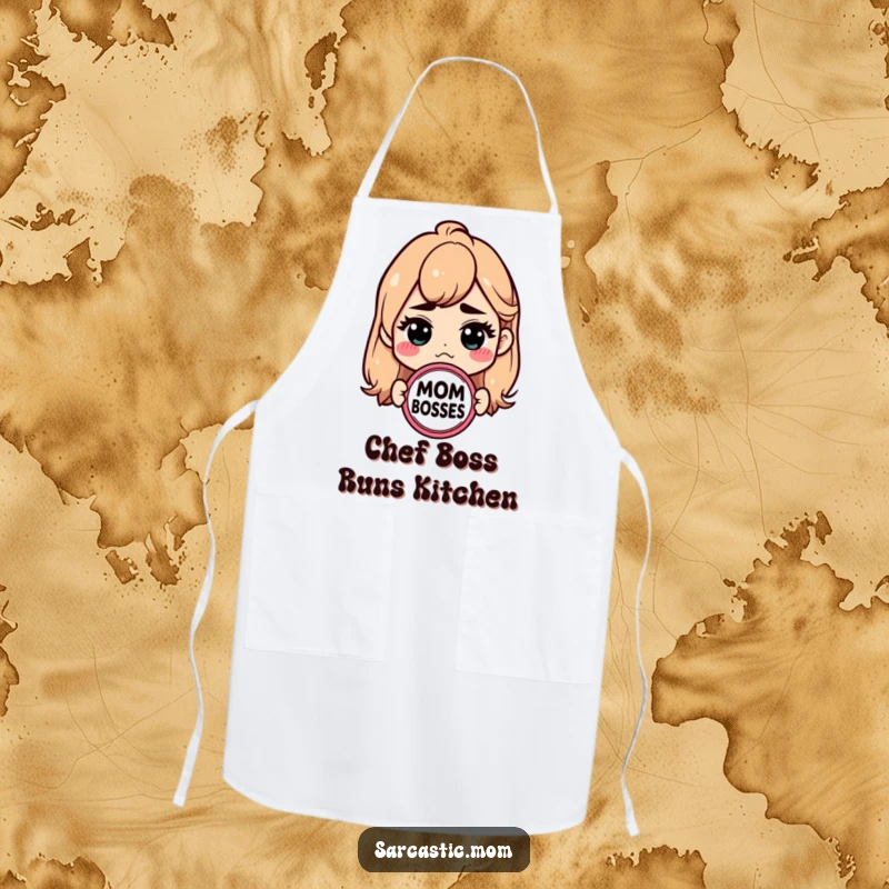 Funny Mom Boss apron with a sarcastic badge. Humorous kitchen wear for moms.