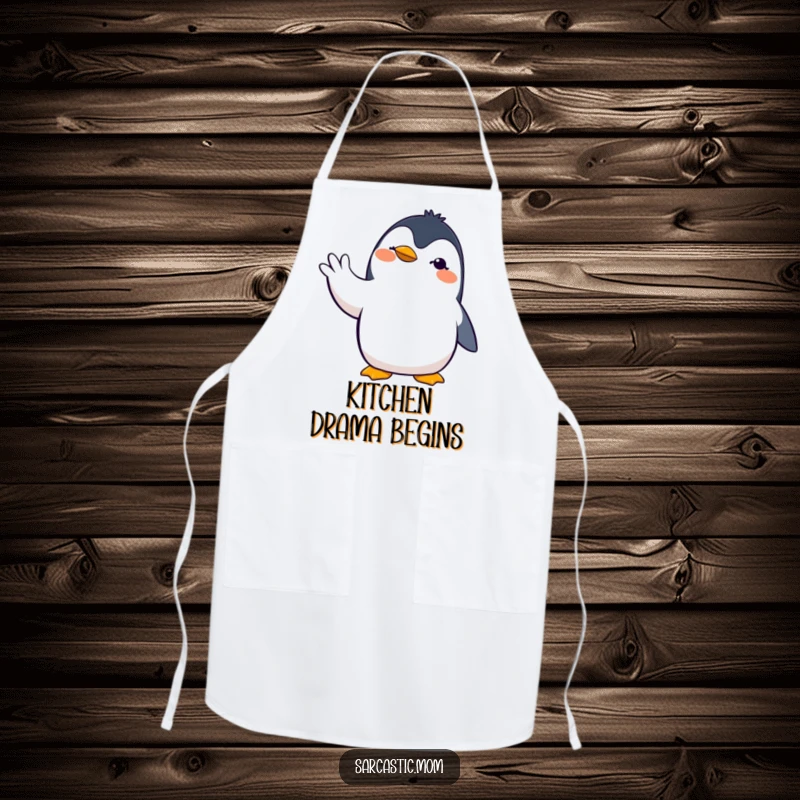 Funny penguin mom apron featuring a dramatic penguin mother with a bold hand gesture, ideal for a humorous cooking experience.