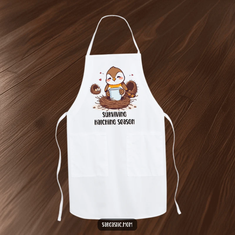 Funny Robin Mom Apron: A robin mom with a coffee mug, ready to cook while glaring at a messy nest.