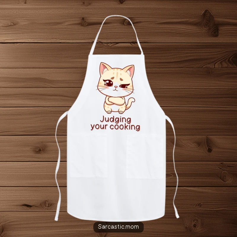 Funny cat mom apron depicting a woman with a raised eyebrow and crossed arms, suitable for chefs who appreciate humorous scrutiny.