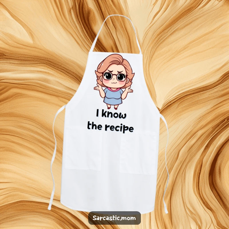 Funny sarcastic mom apron, showing her shrugging with a knowing smirk. Humorous kitchen wear.