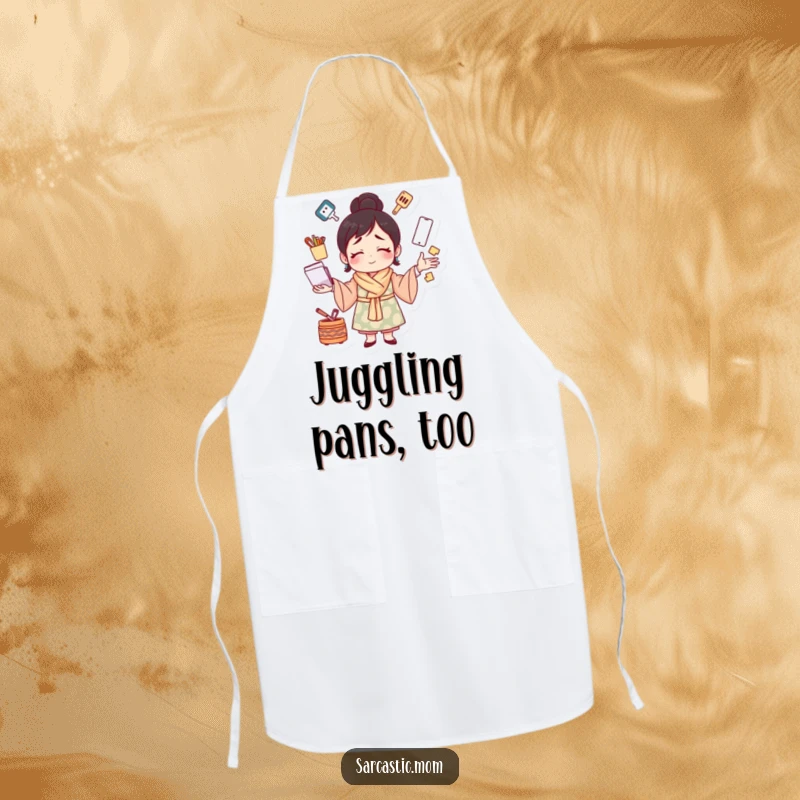 Funny apron with a mother figure juggling multiple tasks with a strained smile, humorously showcasing a mom's ability to handle everything.