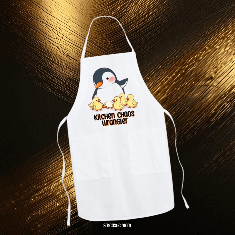 Funny apron featuring a penguin mom herding ducklings, ideal for moms who love to cook and appreciate a good laugh.