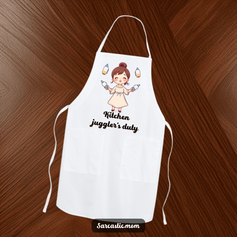 Funny Apron: A whimsical mother character juggling baby bottles, bringing humor and practicality to the kitchen for parents.
