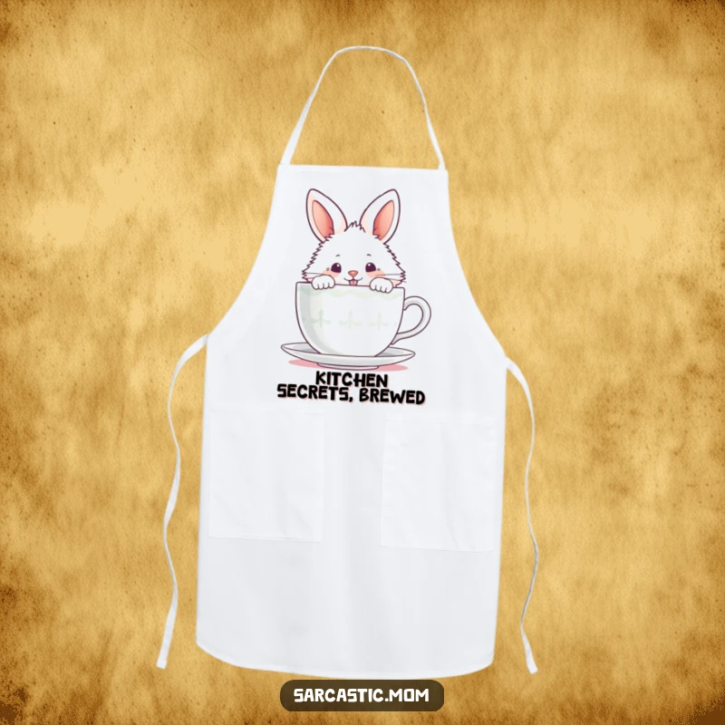 Funny fluffy bunny peeking over a steaming teacup with a mischievous grin on a kitchen apron.