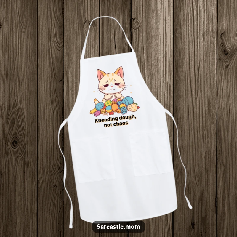 Funny Cat Mom apron showcasing an exasperated mother cat looking at a pile of scattered toys, ready for kitchen duty.