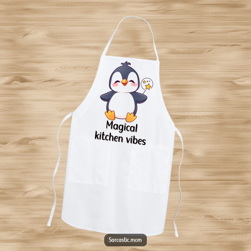 Funny penguin apron, giggling with a star-filled speech bubble, ready for kitchen magic. A fun funny gift.