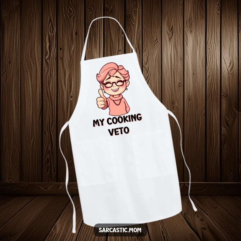 Funny sarcastic mom apron, giving a thumbs down with a grin. Humorous kitchen wear.