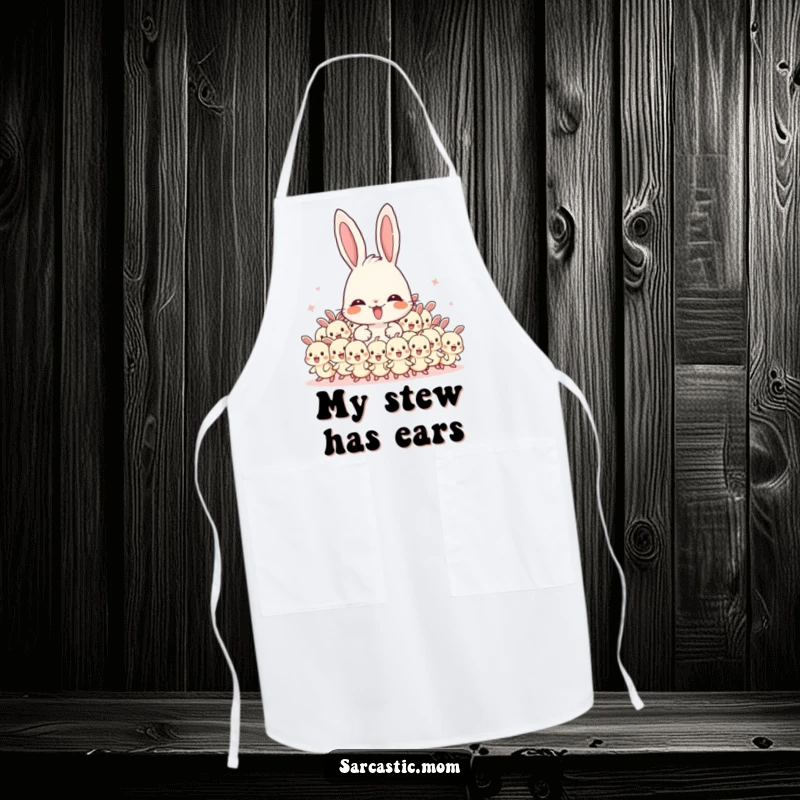 Funny Mama Bunny apron showcasing an overwhelmed mother bunny with a swarm of energetic baby bunnies, ready for kitchen adventures.