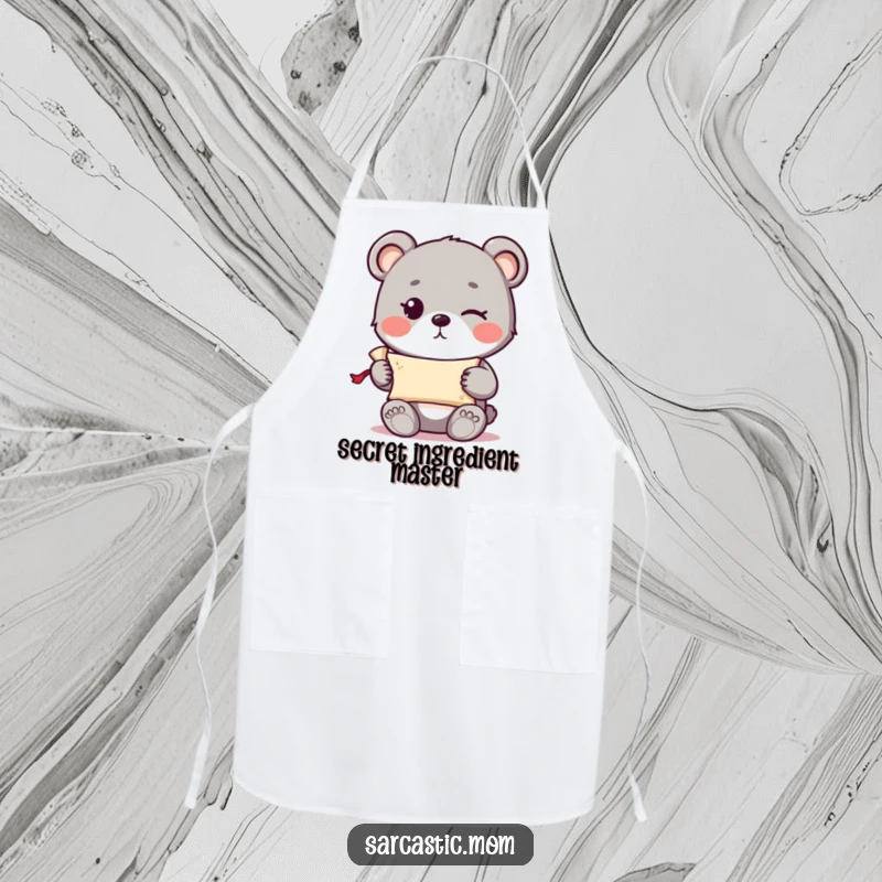 Funny cute bear cub with a knowing wink holding a tiny rolled-up scroll on a kitchen apron.