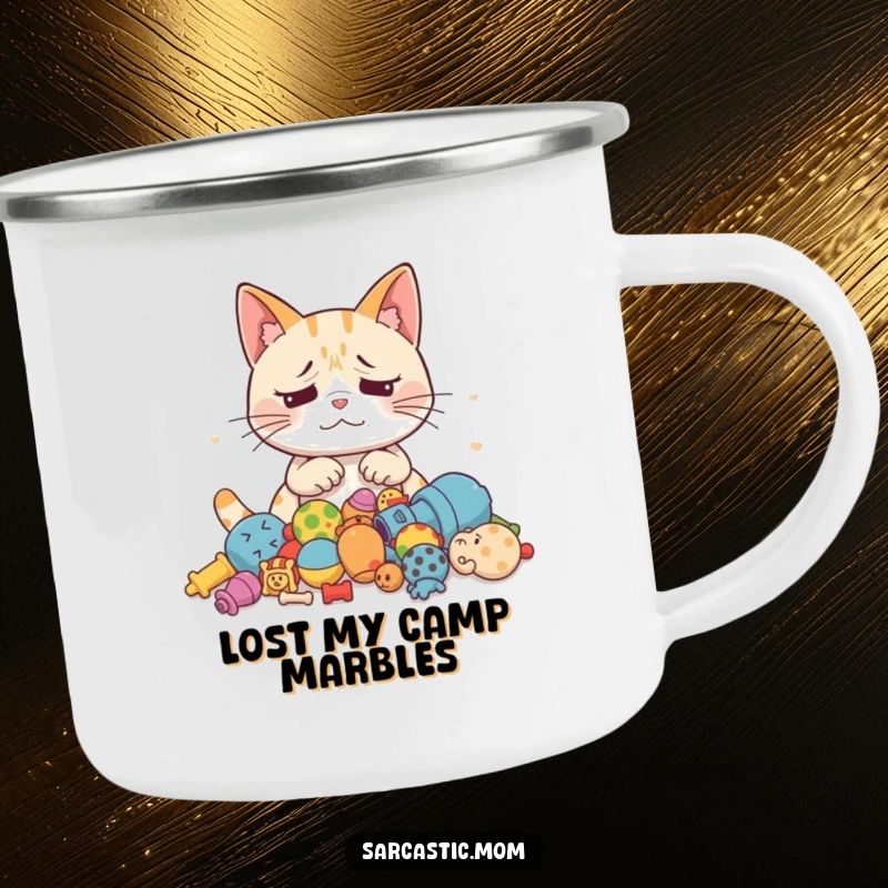 Funny Cat Mom camping mug featuring an exasperated cat mom with scattered toys, ready for any adventure.