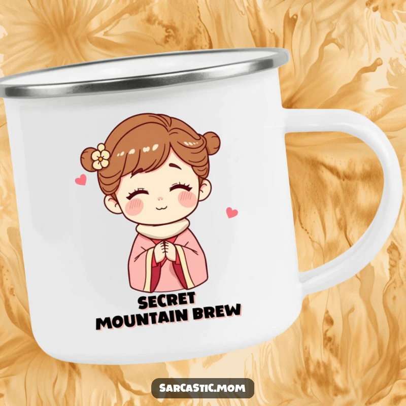 Funny Camping Mug featuring a winking mother figure, ideal for outdoor adventures and sharing secrets around the campfire with humor.