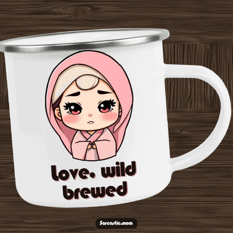 Funny Camping Mug featuring a mother figure with a stern but loving gaze, perfect for outdoor enthusiasts who appreciate maternal guidance.