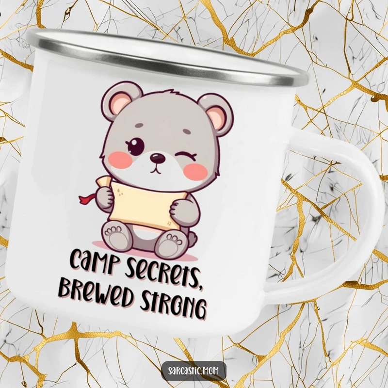 Funny cute bear cub with a knowing wink holding a tiny rolled-up scroll on a sturdy camping mug.