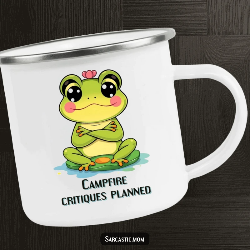 Funny Frog Mom Camping Mug: A frog mom with crossed arms judges a messy lily pad in the wilderness.