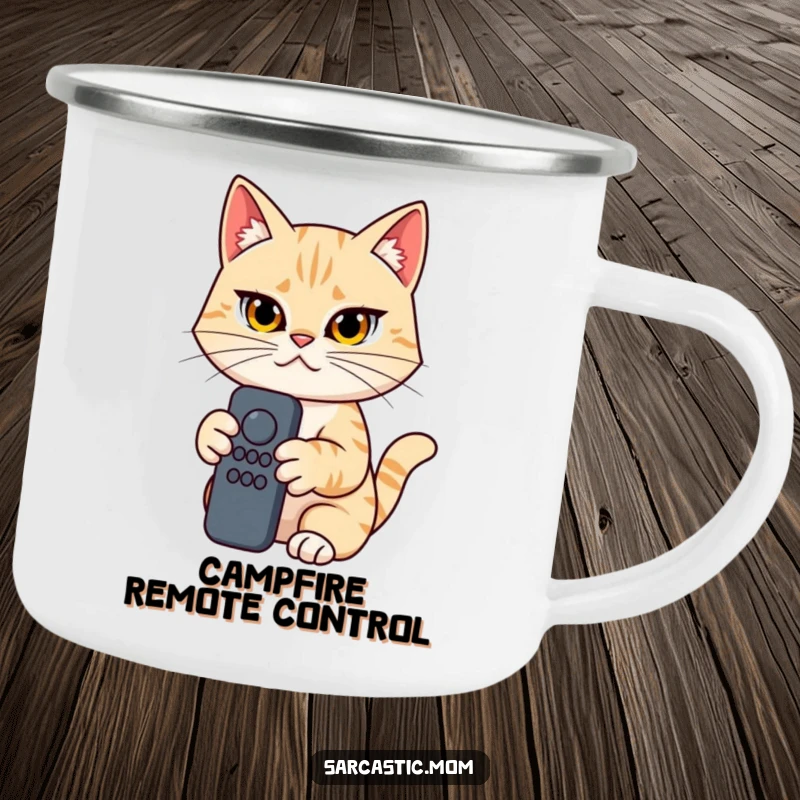 Funny Cat Mom Camping Mug, determined woman holding a remote control, durable cup for adventures, humorous gift.