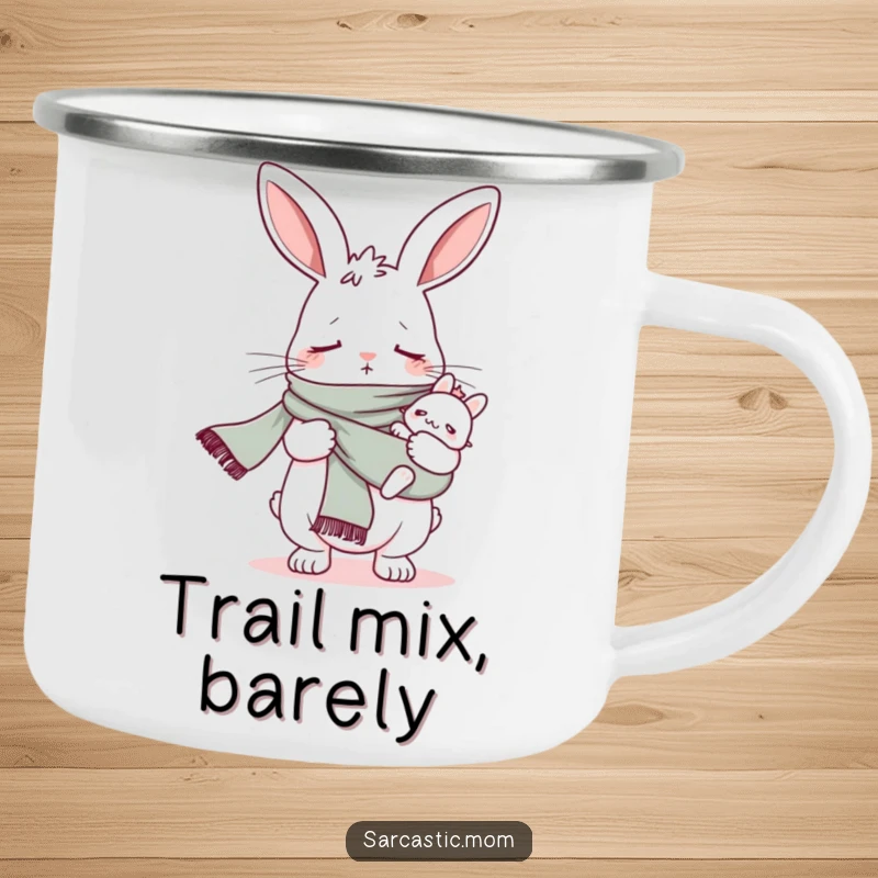 Funny bunny mom baby sling scarf camping mug, durable and portable, for humorous outdoor mom moments.