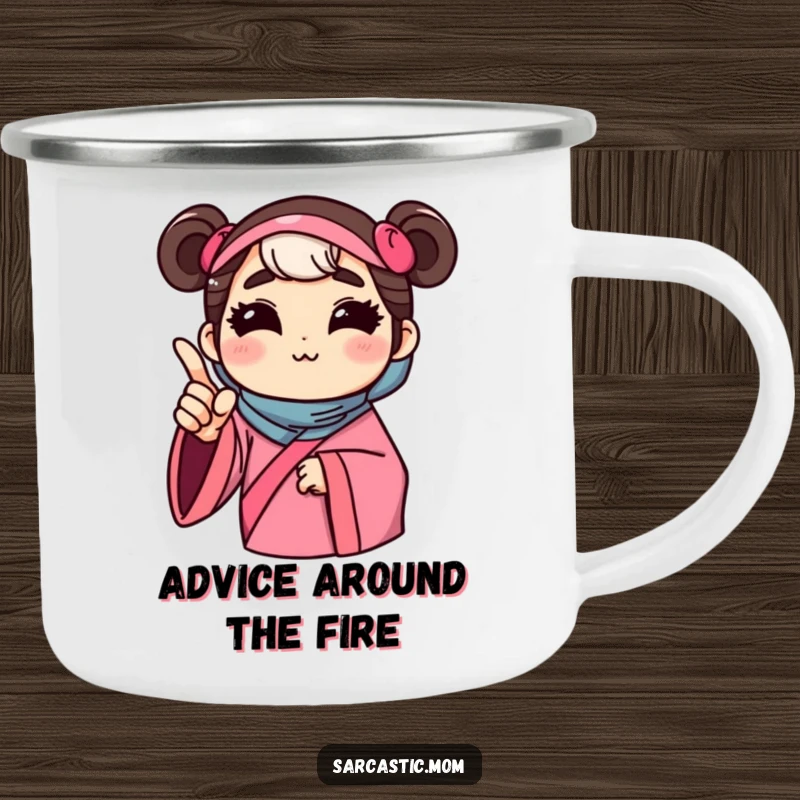Funny camping mug with a mother figure offering unsolicited advice with a pointed finger, perfect for humorous outdoor moments and travels.