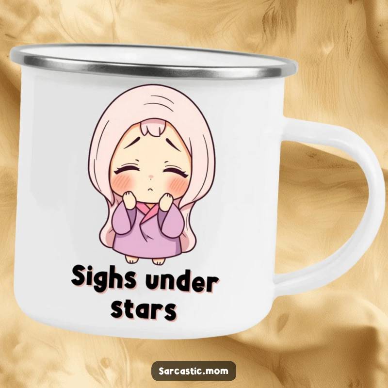Funny camping mug with a mother figure sighing and rolling her eyes, perfect for humorous outdoor moments and travels.