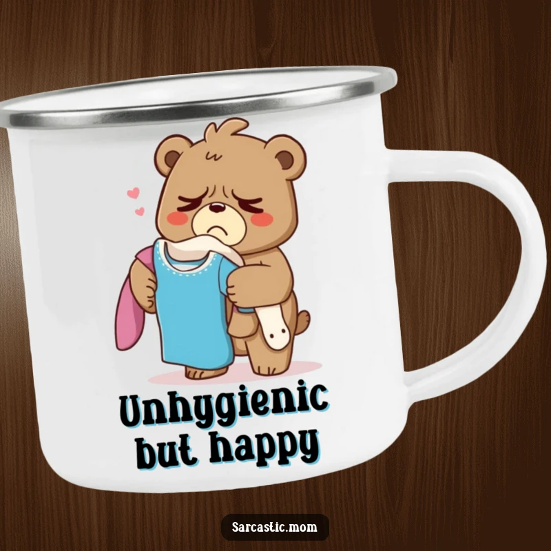 Funny Grumpy Bear Mom Camping Mug, a mama bear sighing with laundry, perfect for outdoor enthusiasts who understand the effort.