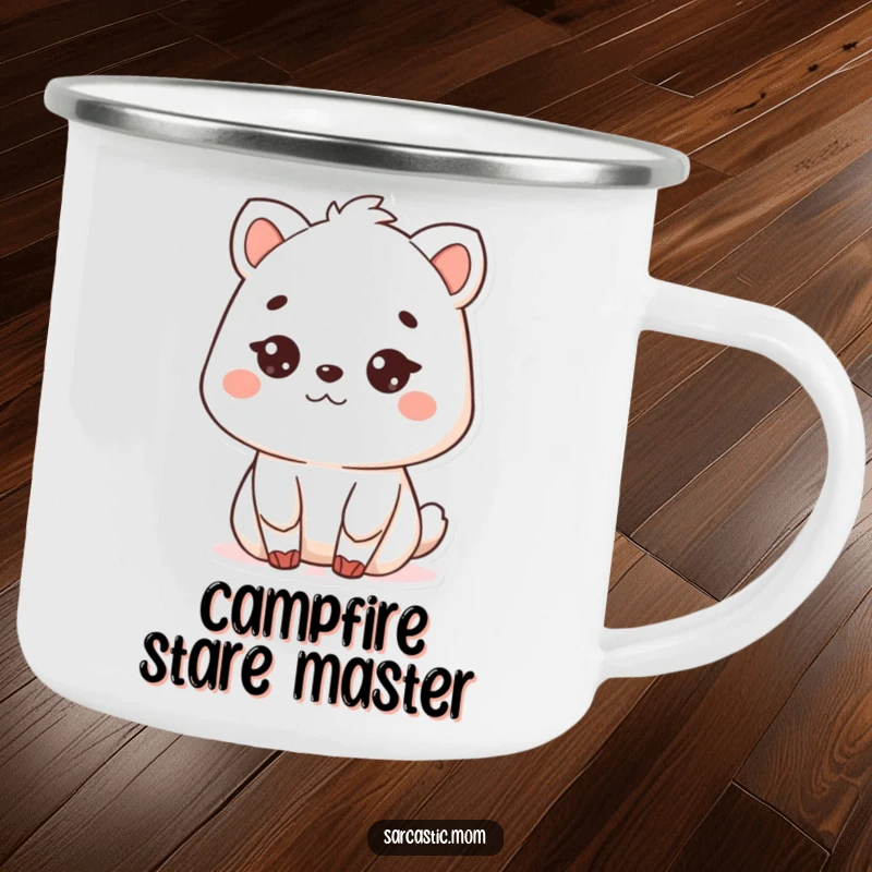 Funny Kawaii mother animal camping mug, showing a deadpan stare, ideal for outdoor humor and as a rugged funny gift.