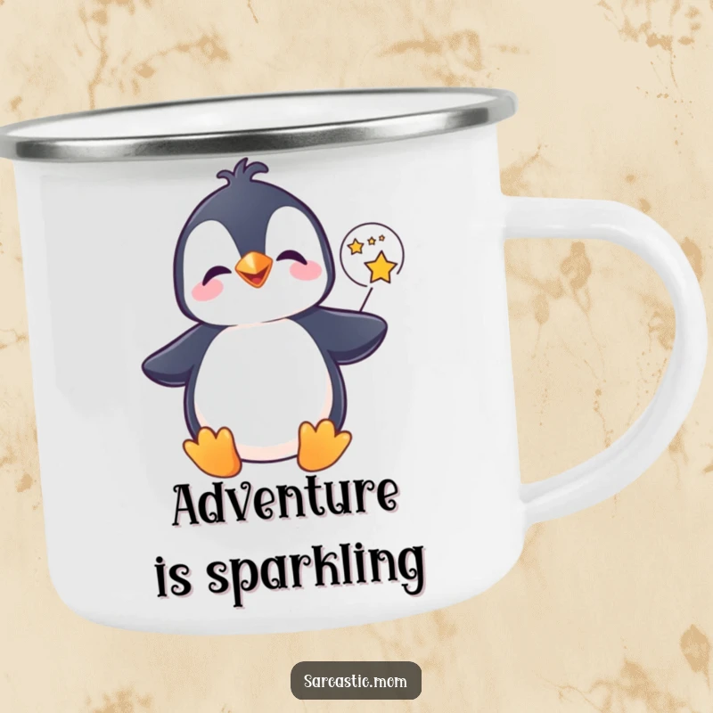 Funny penguin camping mug, giggling with a star-filled speech bubble, perfect for outdoor magic. A rugged funny gift.