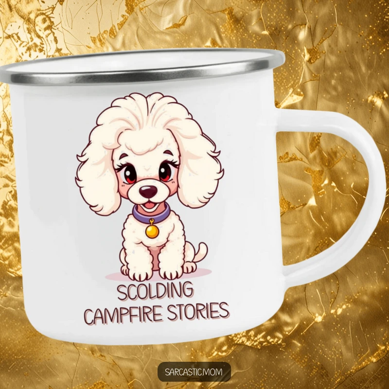 Funny camping mug featuring a stylish poodle mom, perfect for enjoying beverages outdoors with a judgmental flair.