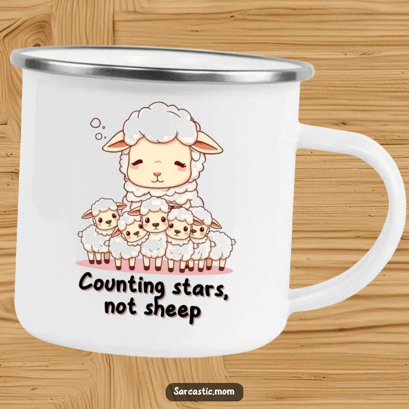 Funny Sheep Mom Camping Mug: A sighing sheep mom counts her flock of lambs in the great outdoors.