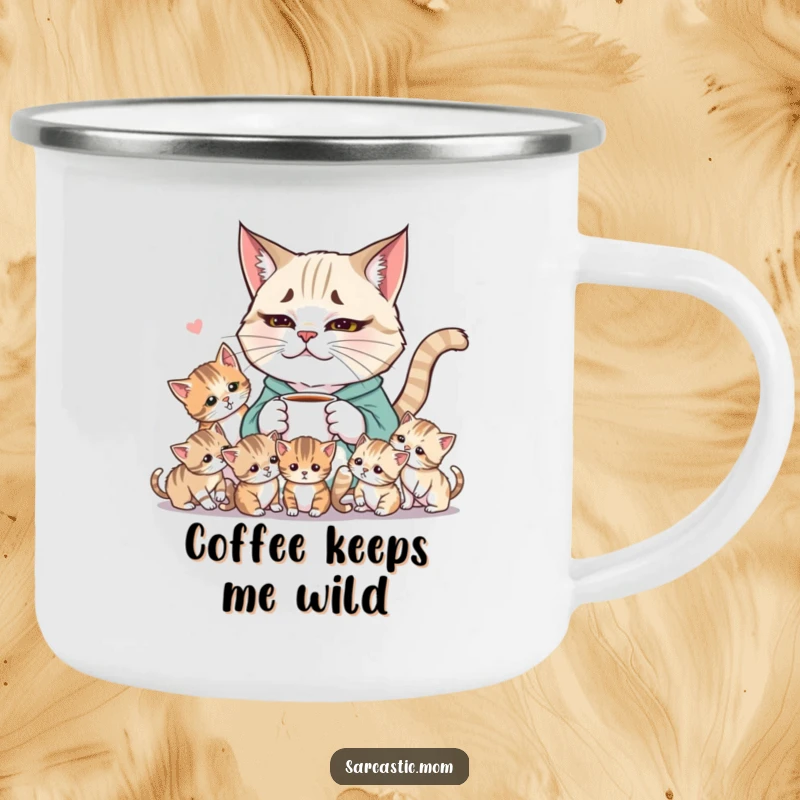 Funny Weary Cat Mom Camping Mug, a mom with coffee observing chaotic kittens, ready for outdoor adventures.