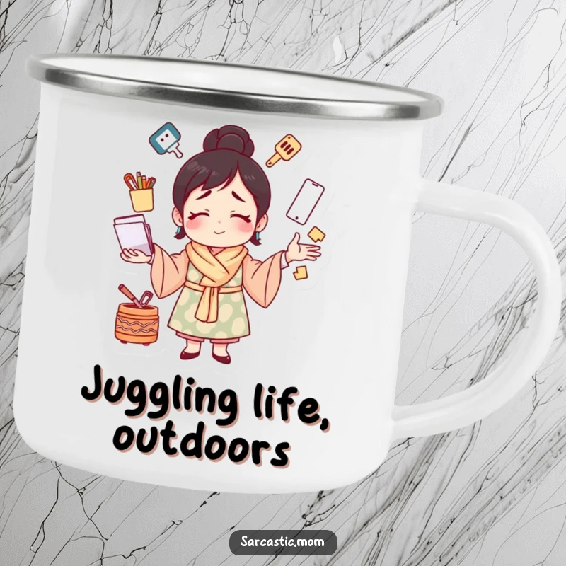 Funny camping mug with a mother figure juggling many tasks with a strained smile, perfect for humorous outdoor moments and travels.
