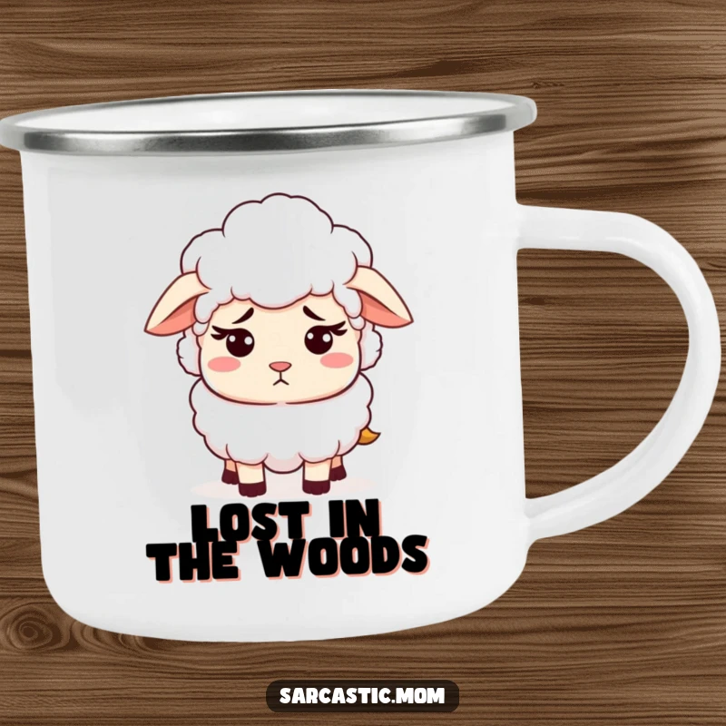 Funny enamel camping mug showcasing a sheep mom with a patient yet exasperated expression. Durable and humorous for outdoor trips.