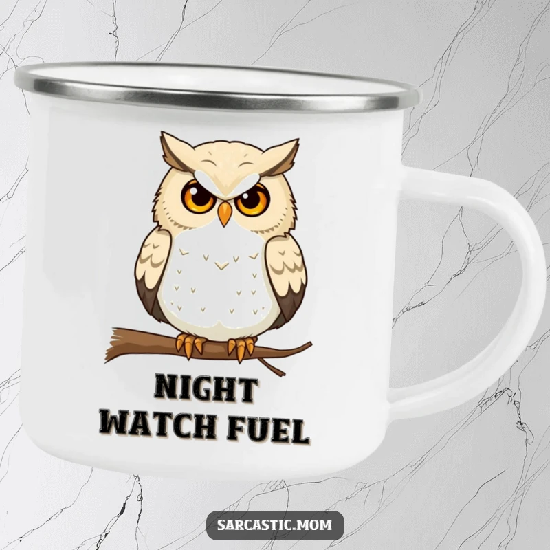 Funny Owl Mom Camping Mug: A wise owl mom gives a pointed stare from her perch in the wild.