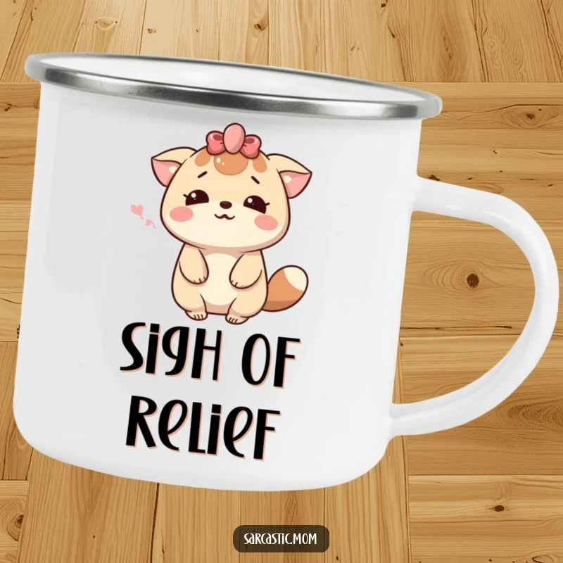 Funny Kawaii Mom Sigh Camping Mug: A cute mother animal character sighing dramatically with a smile. Durable and humorous.