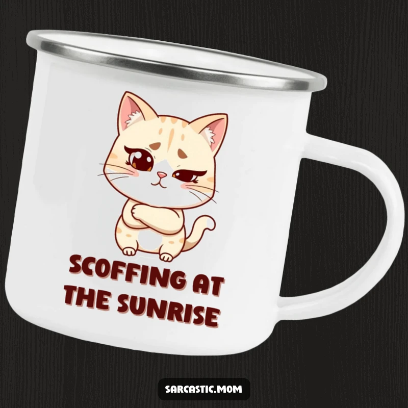 Funny cat mom camping mug showing a woman with a raised eyebrow and crossed arms, perfect for outdoor enthusiasts who love humorous judgment.