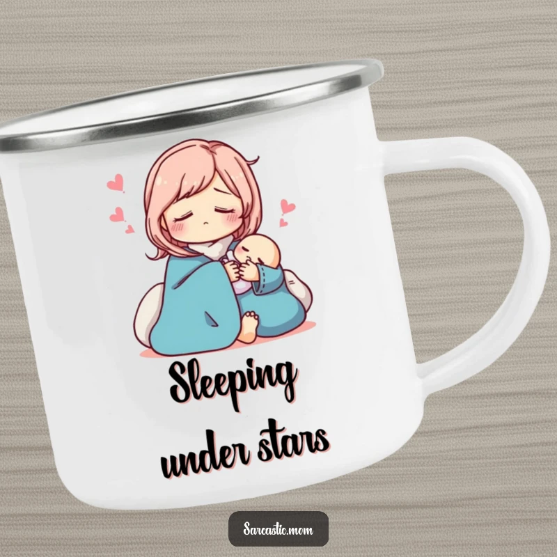 Funny sarcastic mom camping mug, pretending to sleep while holding a baby. Humorous outdoor drinkware.
