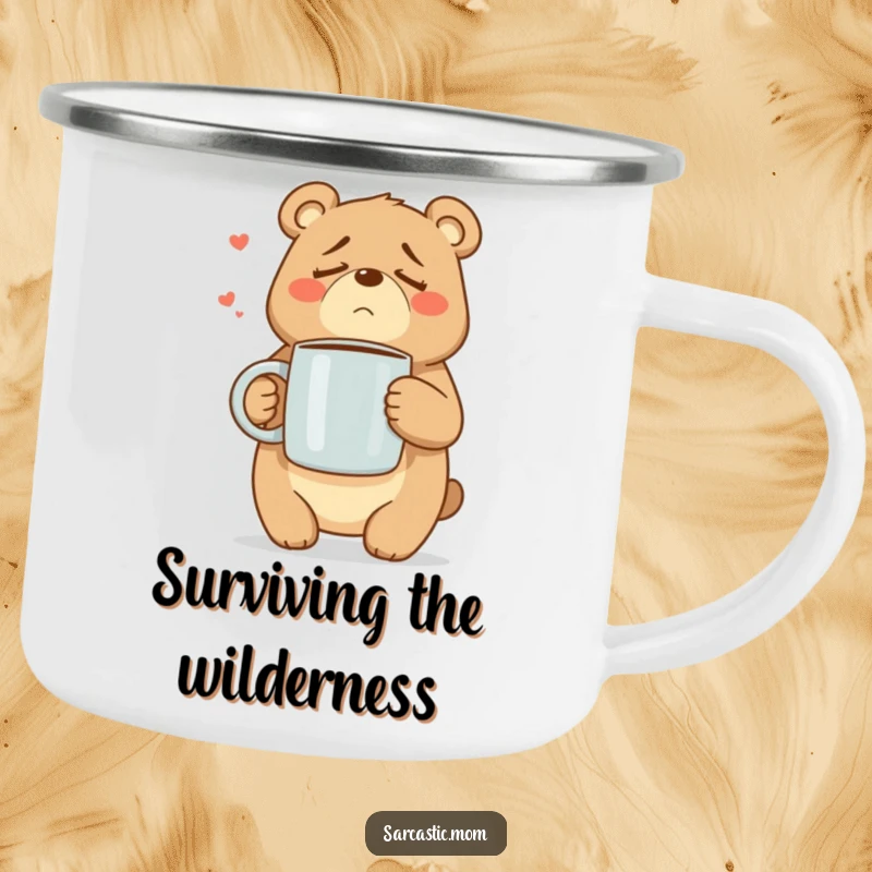 Funny Mama Bear camping mug featuring a tired bear mom with a huge coffee mug, suitable for outdoor adventures.
