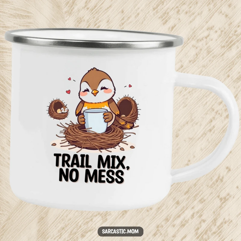 Funny Robin Mom Camping Mug: A determined robin mom sips coffee, glaring at a messy nest outdoors.