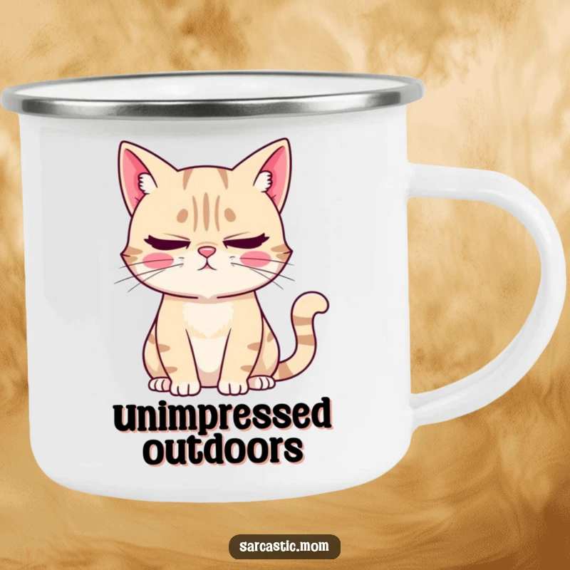 Funny Camping Mug: A sarcastic cat mom character rolling her eyes and sighing, ideal for outdoor adventures and cat enthusiasts.