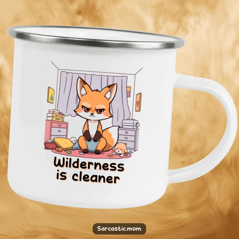 Funny Sarcastic Fox Mom Camping Mug, a fox mom's dramatic eye-roll, perfect for outdoor enthusiasts who appreciate witty humor.