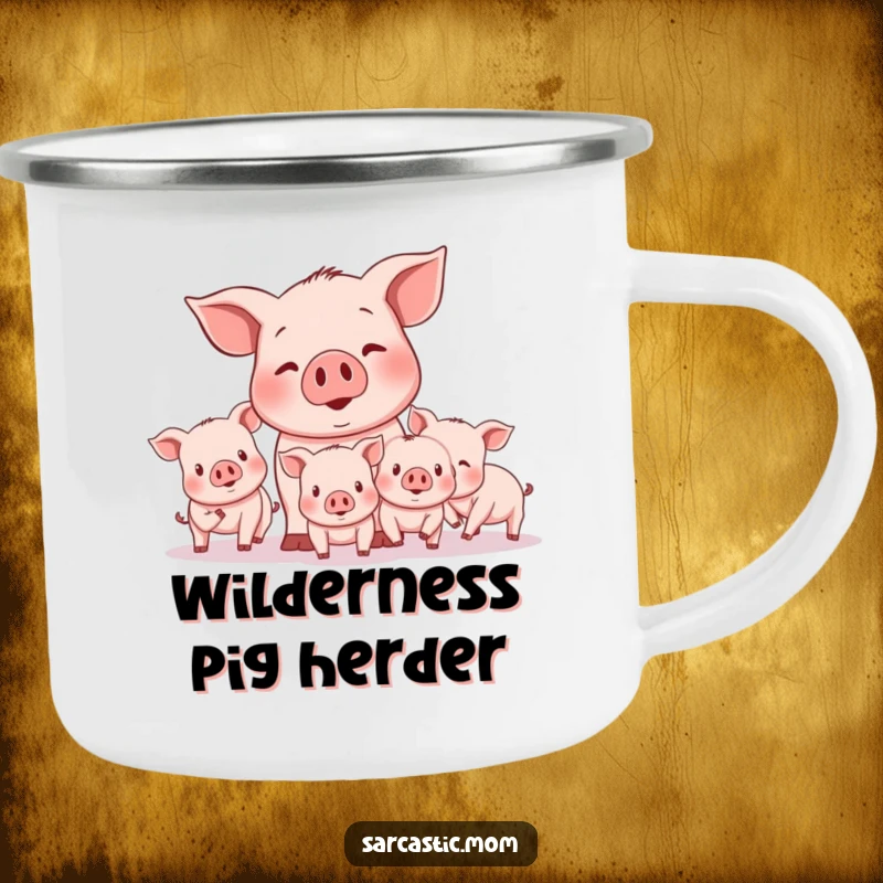 Funny mother pig character attempting to herd piglets on an outdoor adventure with this rugged and humorous camping mug.