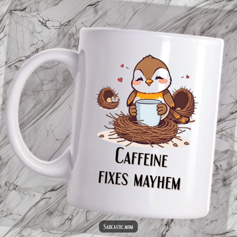 Funny Robin Mom Mug: A mother robin with a coffee cup, glaring sternly over a messy nest.